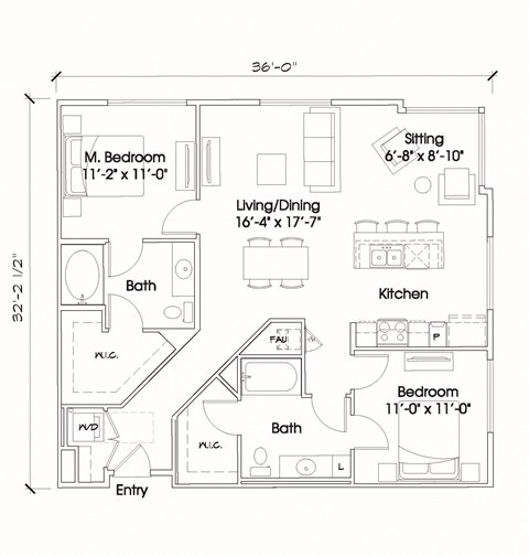 Floor plan for 2 beds, 2 baths, 1147 sqft
